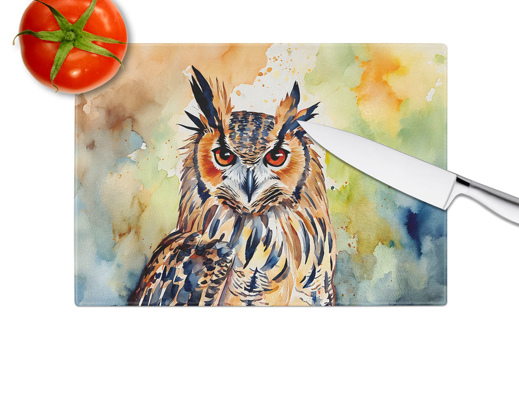 Eurasian Eagle Owl Close-Up Portrait Cutting Board Tempered Glass Kitchen Cutting Surface, Heat Resistant Chopping, Non-Slip Feet, Food Prep & Serving