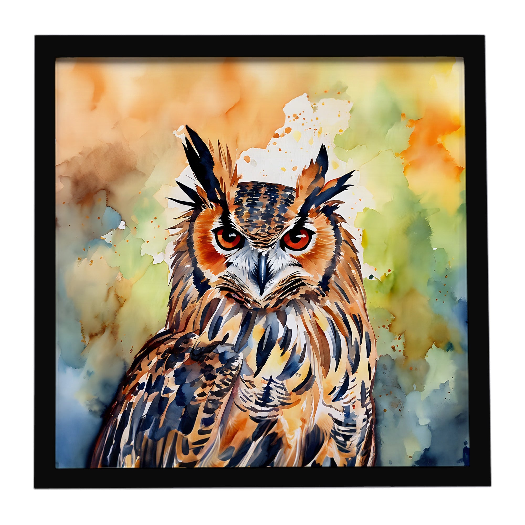 Eurasian Eagle Owl Close-Up Portrait Framed Metal Print Bathroom, Kitchen, Office, Home Decor Wall Art Ready to Hang, Square, 8X8