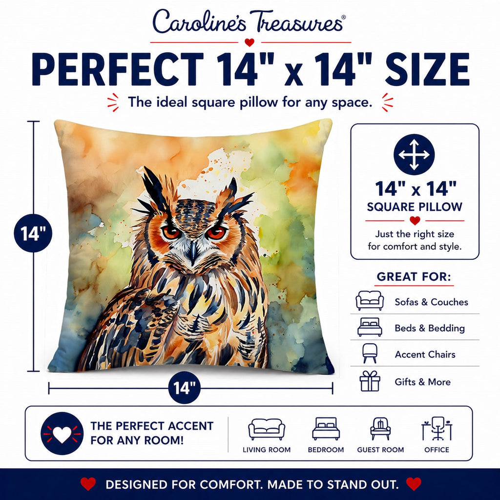 Eurasian Eagle Owl Close-Up Portrait Decorative Throw Pillow 14x14 Indoor Outdoor Accent Cushion, Fabric Cover with Insert for Sofa, Bed, Porch & Living Room