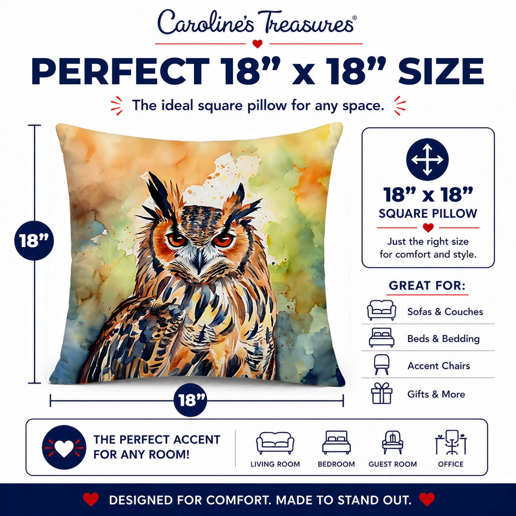 Eurasian Eagle Owl Close-Up Portrait Decorative Throw Pillow 18x18 Indoor Outdoor Accent Cushion, Fabric Cover with Insert for Sofa, Bed, Porch & Living Room