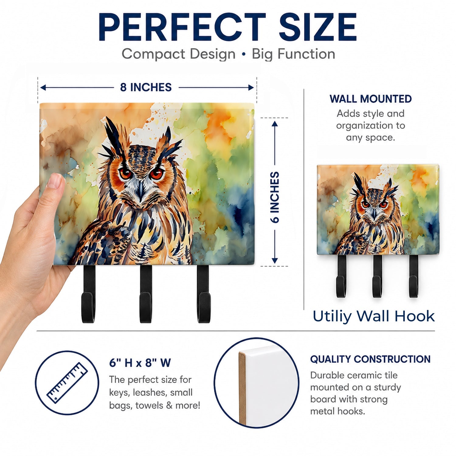 Eurasian Eagle Owl Close-Up Portrait Leash or Key Holder Wall Hooks, Coat Rack Wall Mount, for Hanging Keys, Towels, Aprons, Leashes