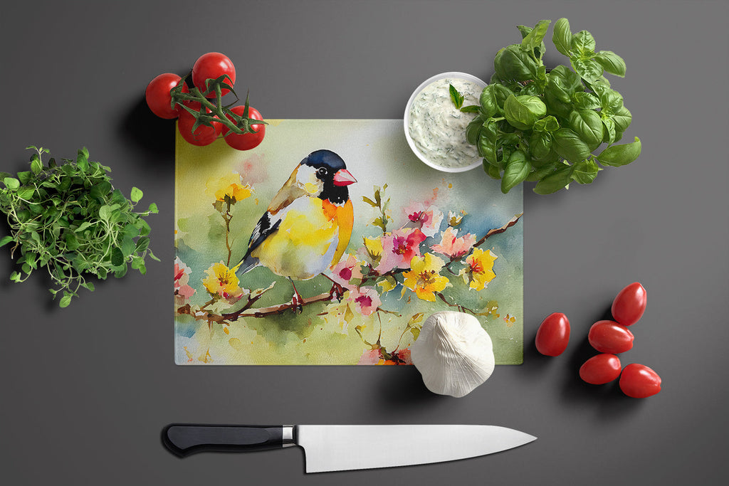 American Goldfinch on Blossom Branch Cutting Board Tempered Glass Kitchen Cutting Surface, Heat Resistant Chopping, Non-Slip Feet, Food Prep & Serving