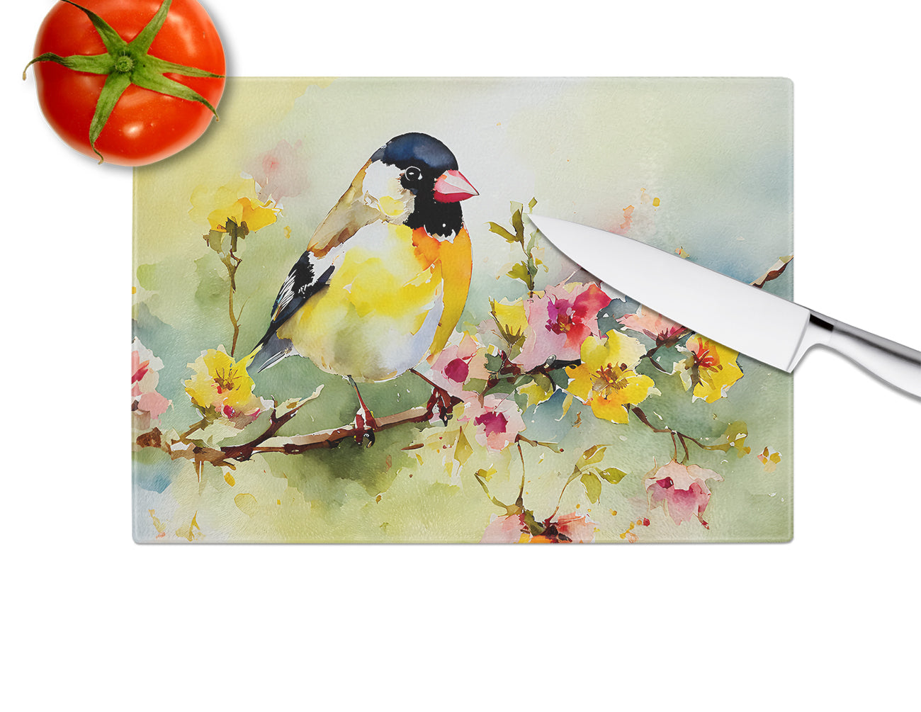 American Goldfinch on Blossom Branch Cutting Board Tempered Glass Kitchen Cutting Surface, Heat Resistant Chopping, Non-Slip Feet, Food Prep & Serving
