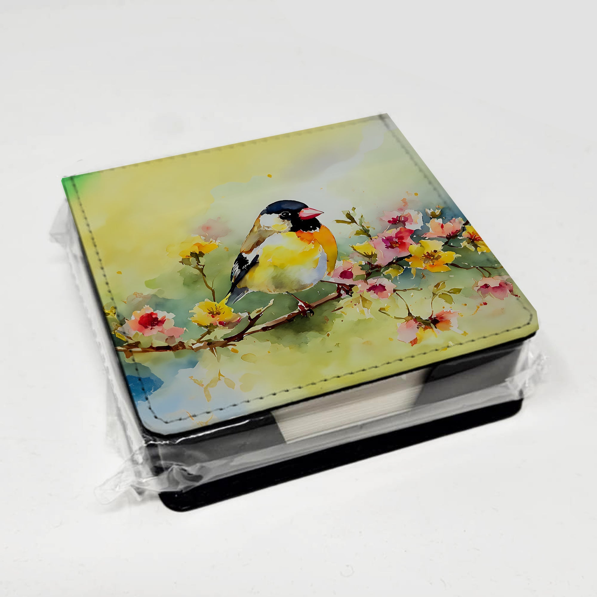 American Goldfinch on Blossom Branch PU Leather Note Paper Holder with Artist-Designed Cover, Desk Accessory, Office Gift