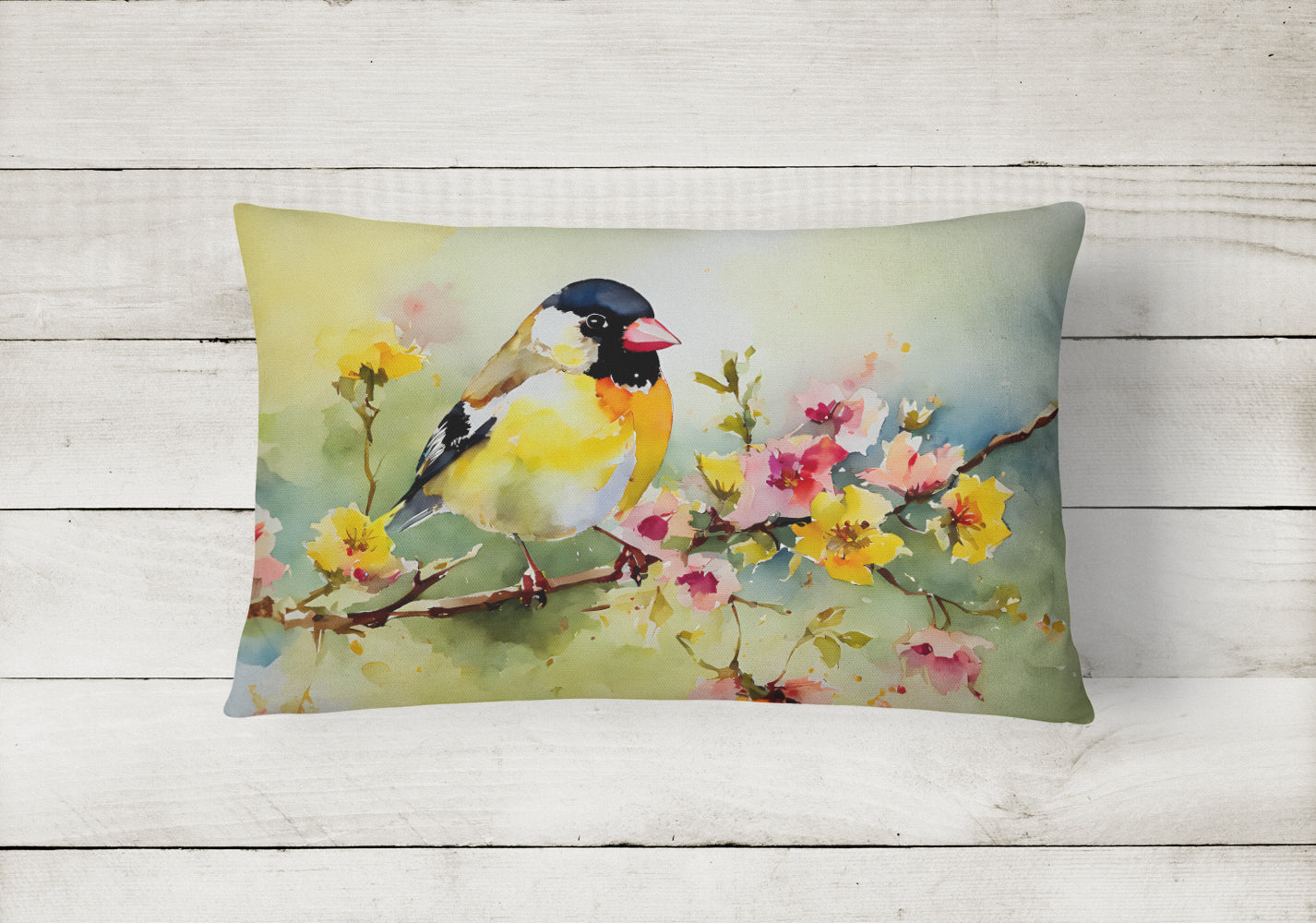 American Goldfinch on Blossom Branch Decorative Throw Pillow 12x16 Indoor Outdoor Accent Cushion, Fabric Cover with Insert for Sofa, Bed, Porch & Living Room