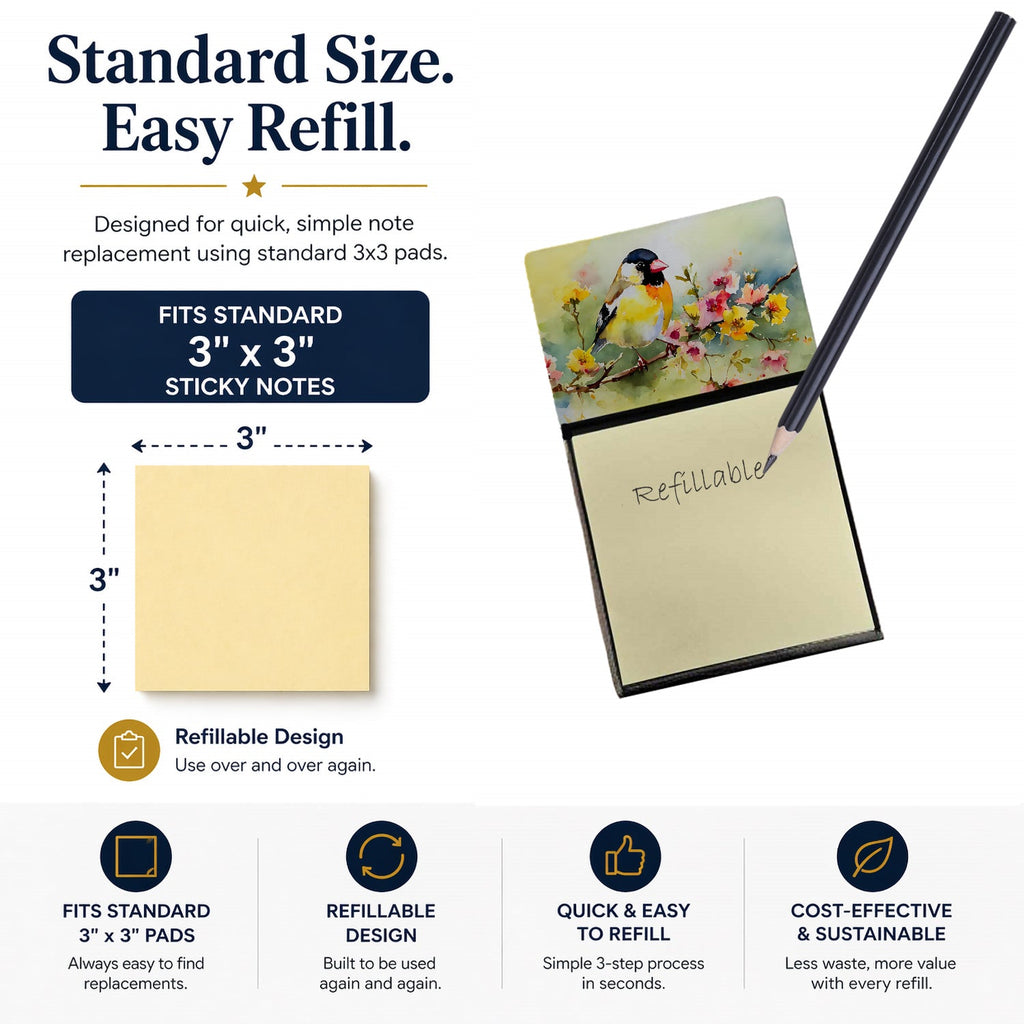 American Goldfinch on Blossom Branch Watercolor Sticky Note Holder Refillable Dispenser Desk Accessory 3x3 Pad Gift