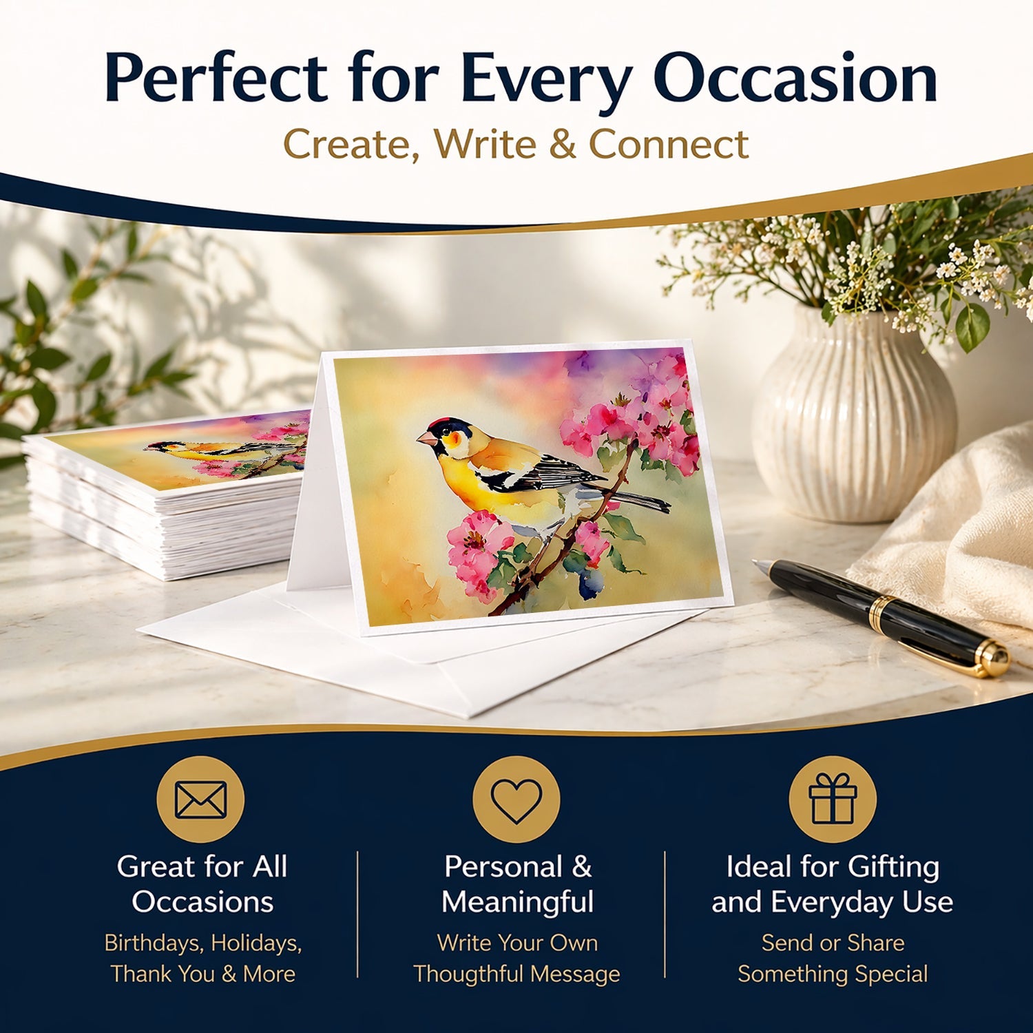 American Goldfinch with Blossoms Greeting Cards Pack of 8 Blank Cards with Envelopes Whimsical A7 Size 5x7