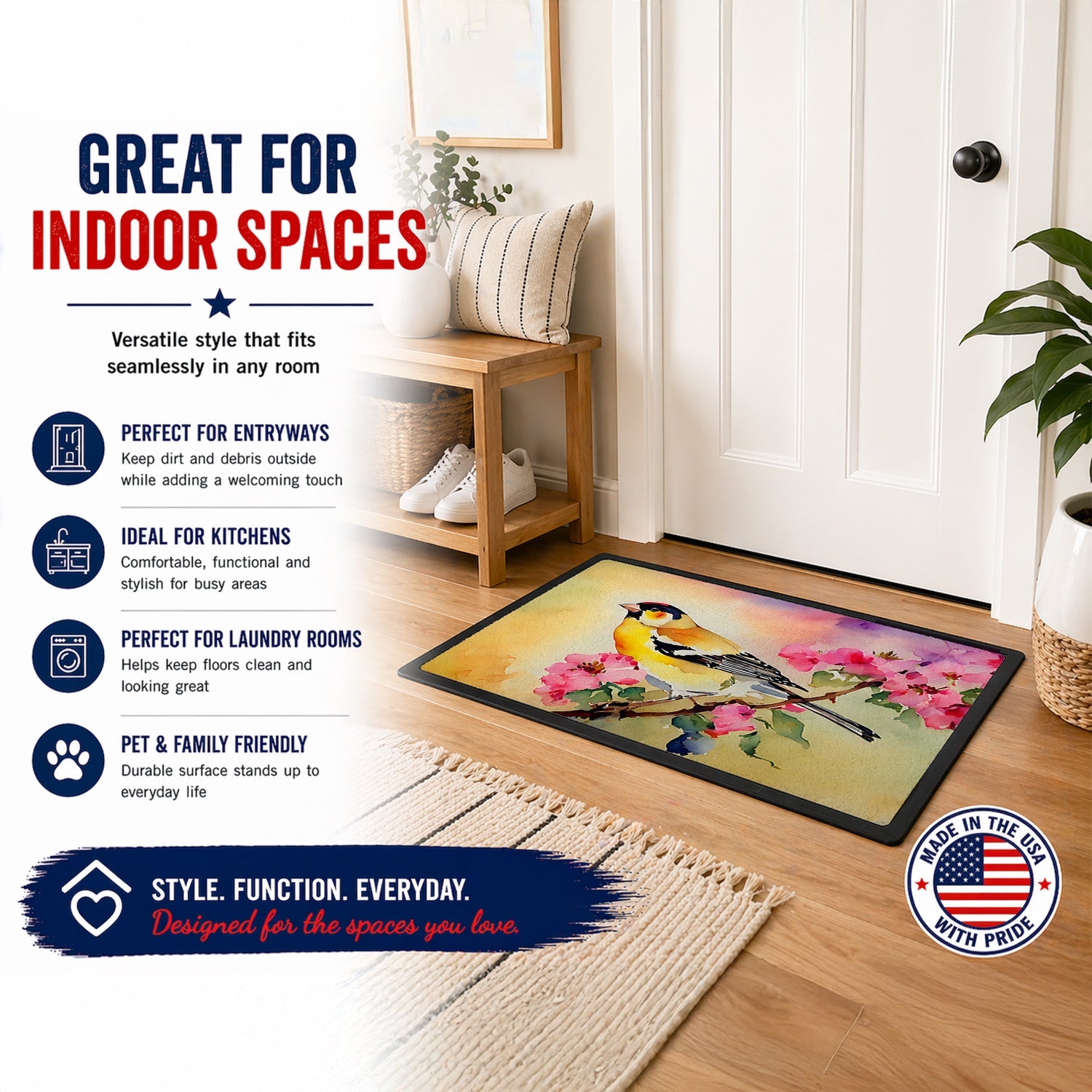 American Goldfinch with Blossoms Doormat Indoor Outdoor 18H X 27W Front Door Mat Rugs for Entryway, Non Slip Washable
