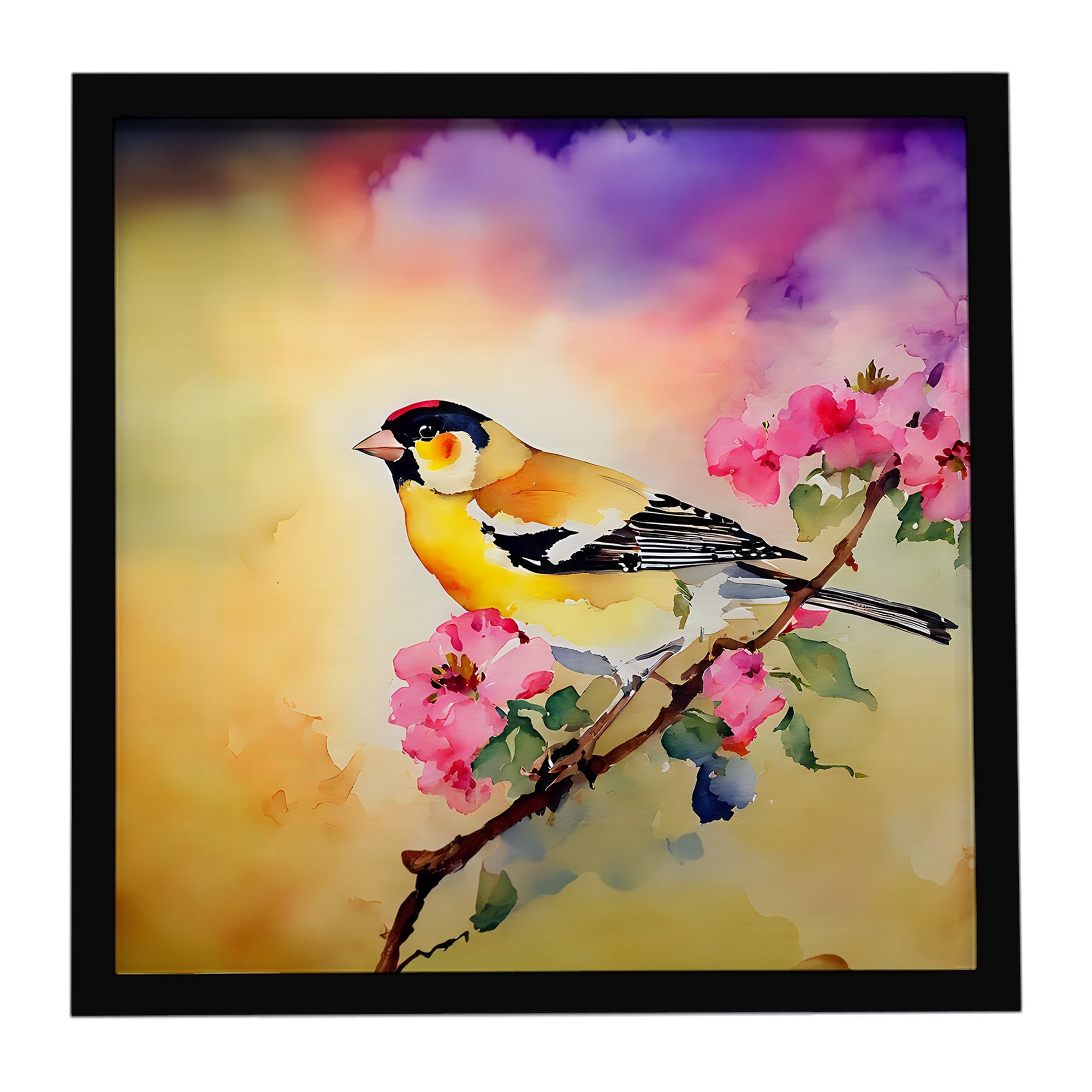 American Goldfinch with Blossoms Framed Metal Print Bathroom, Kitchen, Office, Home Decor Wall Art Ready to Hang, Square, 8X8