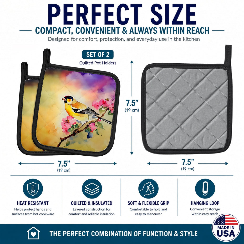 American Goldfinch with Blossoms Pot Holder Set of 2 Heat Resistant Quilted Hot Pads 7.5 x 7.5 Inch, Insulated Kitchen Trivets for Cooking & Baking