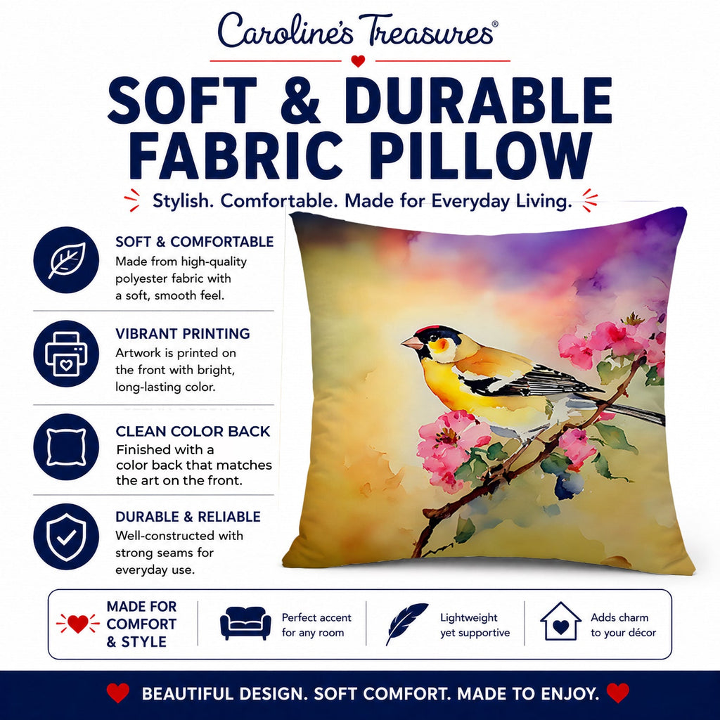 American Goldfinch with Blossoms Decorative Throw Pillow 18x18 Indoor Outdoor Accent Cushion, Fabric Cover with Insert for Sofa, Bed, Porch & Living Room