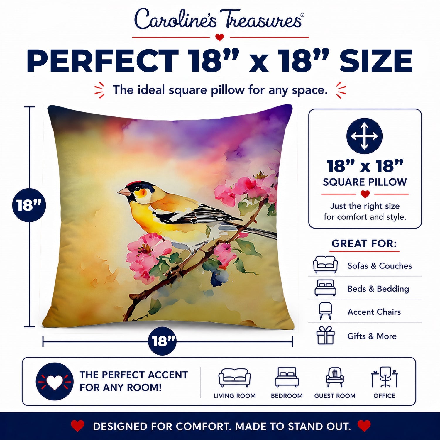 American Goldfinch with Blossoms Decorative Throw Pillow 18x18 Indoor Outdoor Accent Cushion, Fabric Cover with Insert for Sofa, Bed, Porch & Living Room