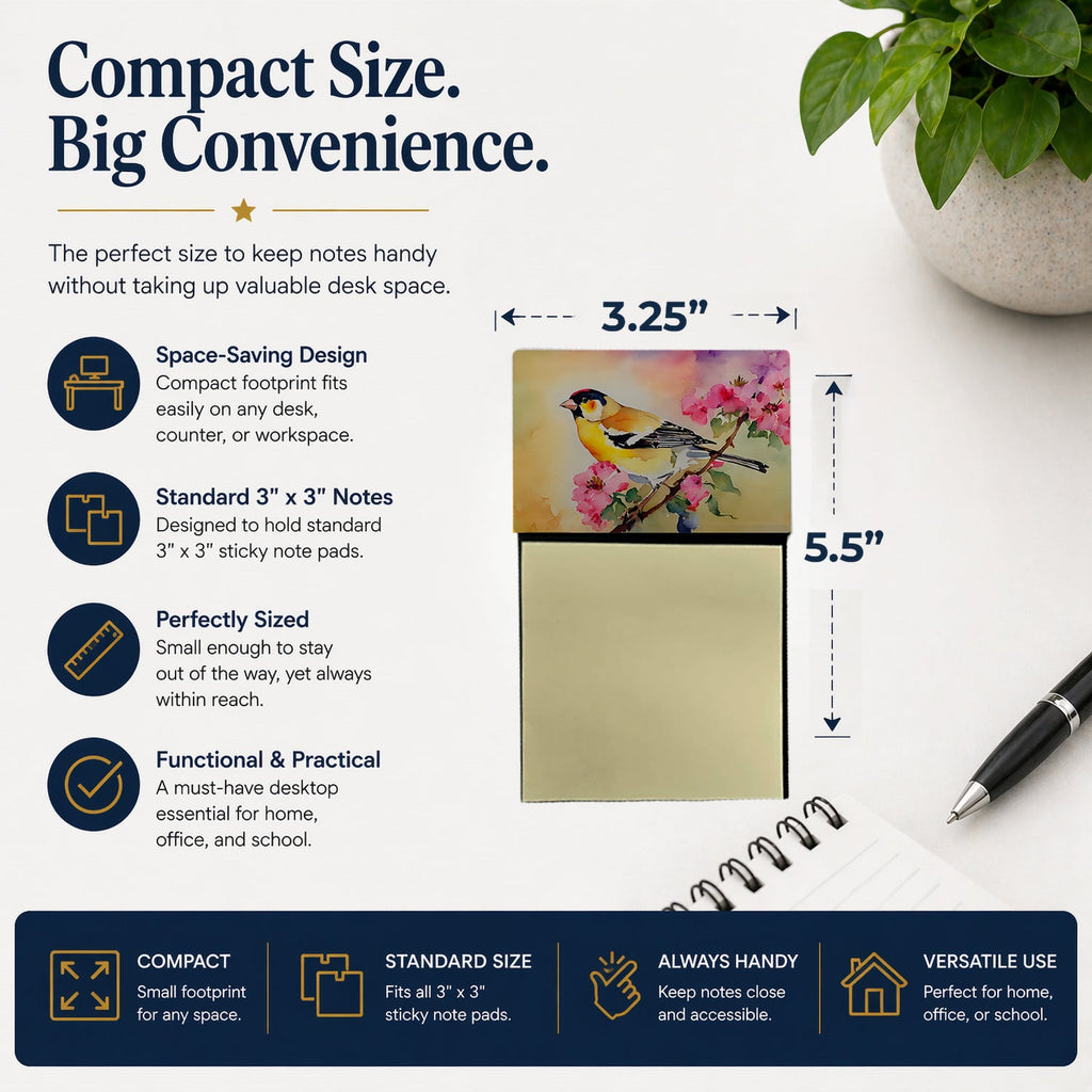 American Goldfinch with Blossoms Watercolor Sticky Note Holder Refillable Dispenser Desk Accessory 3x3 Pad Gift
