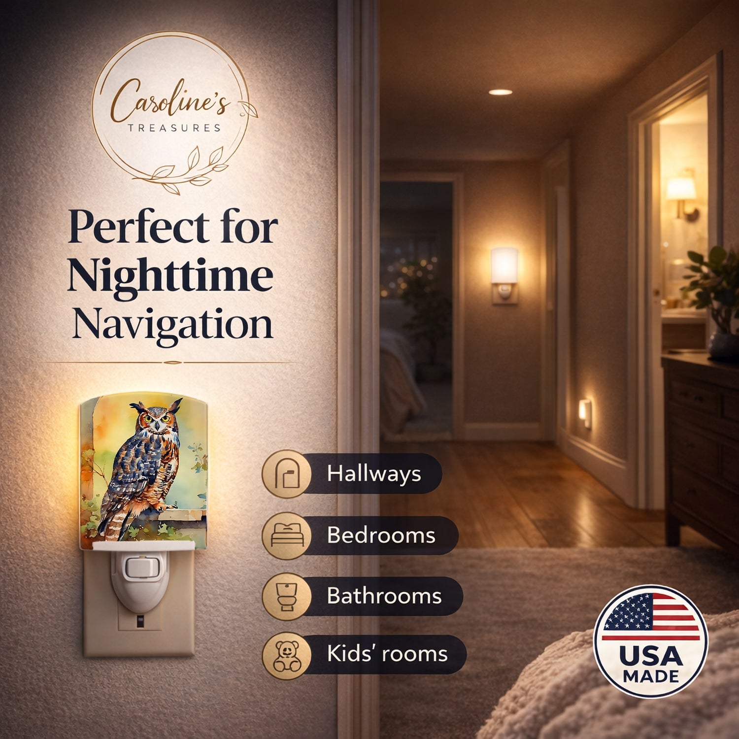 Great Horned Owl on Stone Arch Ceramic Night Light Compact, UL-Certified, Ideal for Bedroom, Bathroom, Nursery, Hallway, Kitchen, 6x4x3, Multicolor
