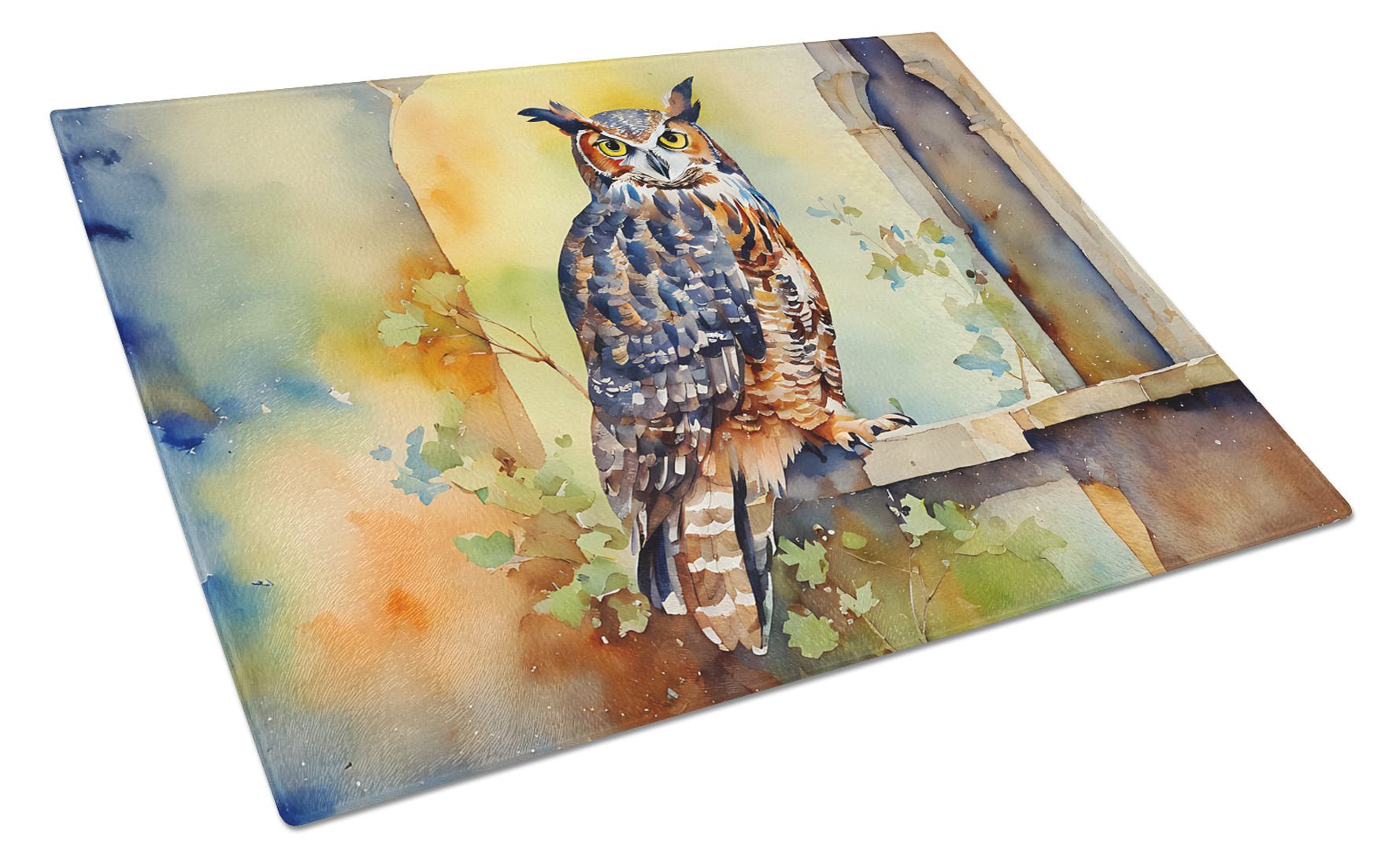 Great Horned Owl on Stone Arch Cutting Board Tempered Glass Kitchen Cutting Surface, Heat Resistant Chopping, Non-Slip Feet, Food Prep & Serving