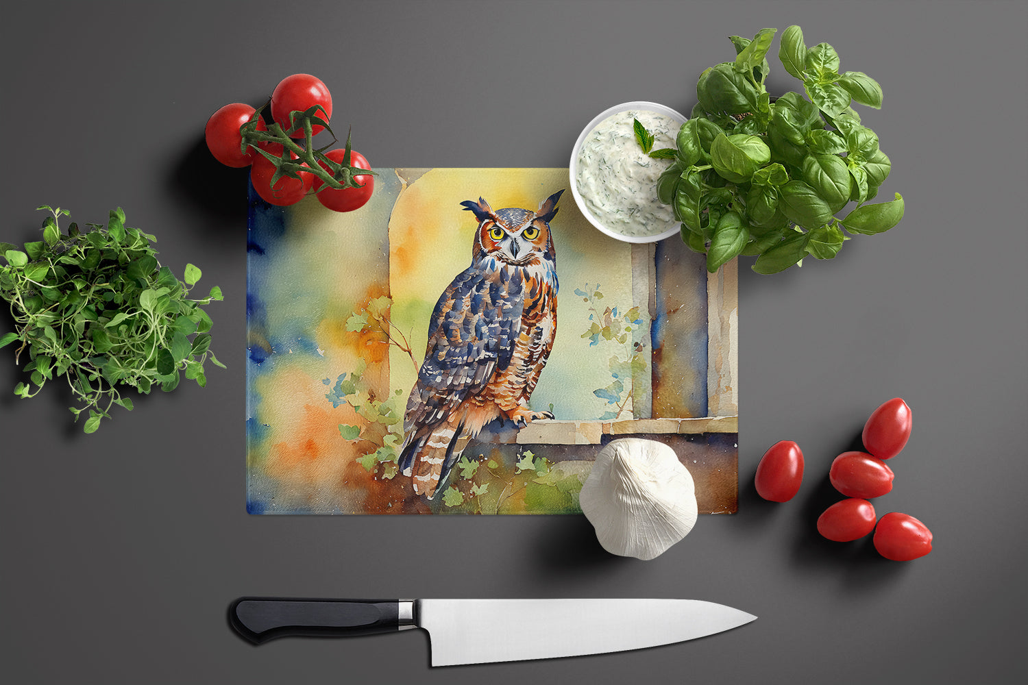 Great Horned Owl on Stone Arch Cutting Board Tempered Glass Kitchen Cutting Surface, Heat Resistant Chopping, Non-Slip Feet, Food Prep & Serving