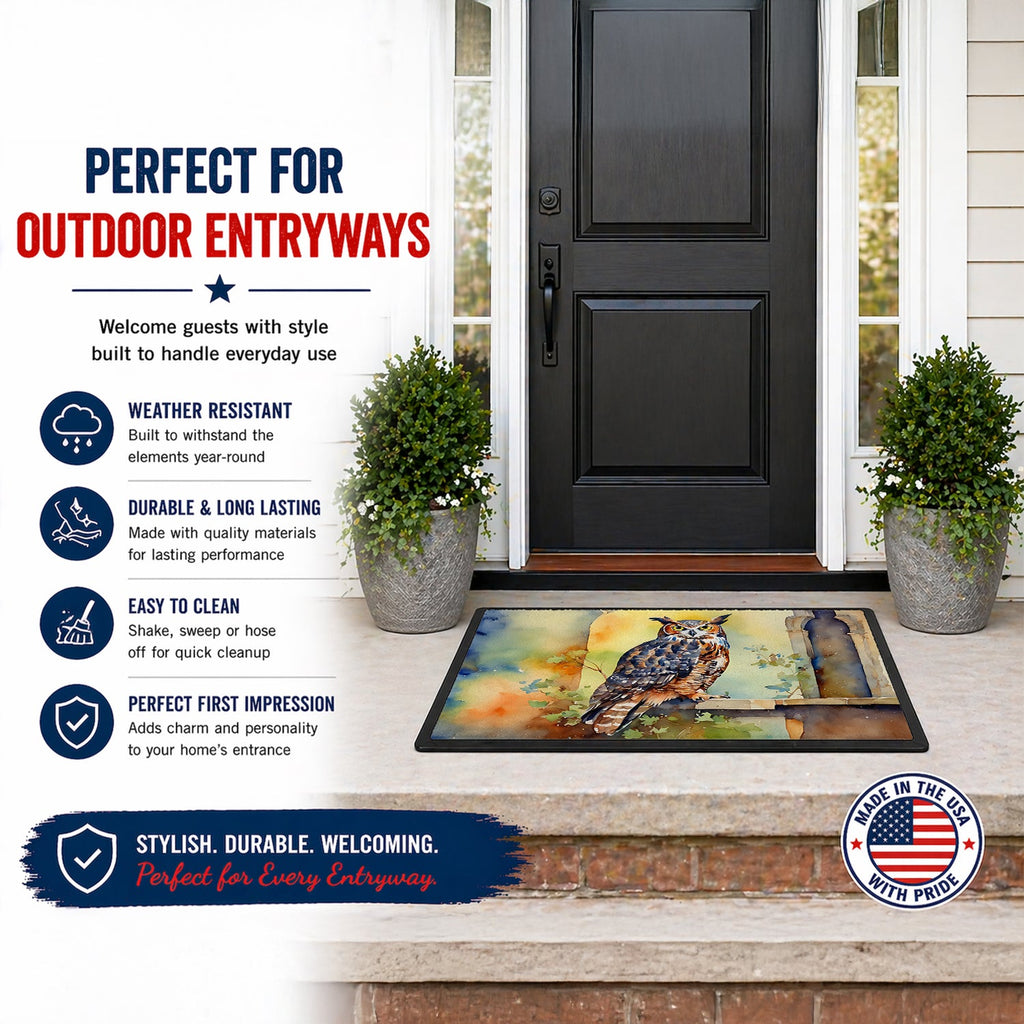 Great Horned Owl on Stone Arch Doormat Indoor Outdoor 18H X 27W Front Door Mat Rugs for Entryway, Non Slip Washable