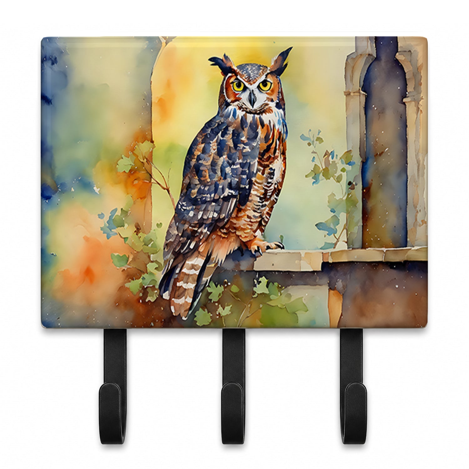 Great Horned Owl on Stone Arch Leash or Key Holder Wall Hooks, Coat Rack Wall Mount, for Hanging Keys, Towels, Aprons, Leashes