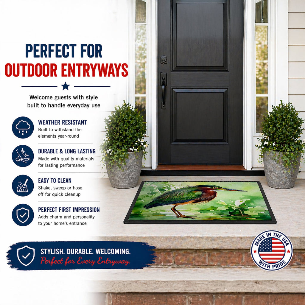 Green Heron Standing Marsh Doormat Indoor Outdoor 24H X 36W Front Door Mat Rugs for Entryway, Non Slip Washable Low Pile,