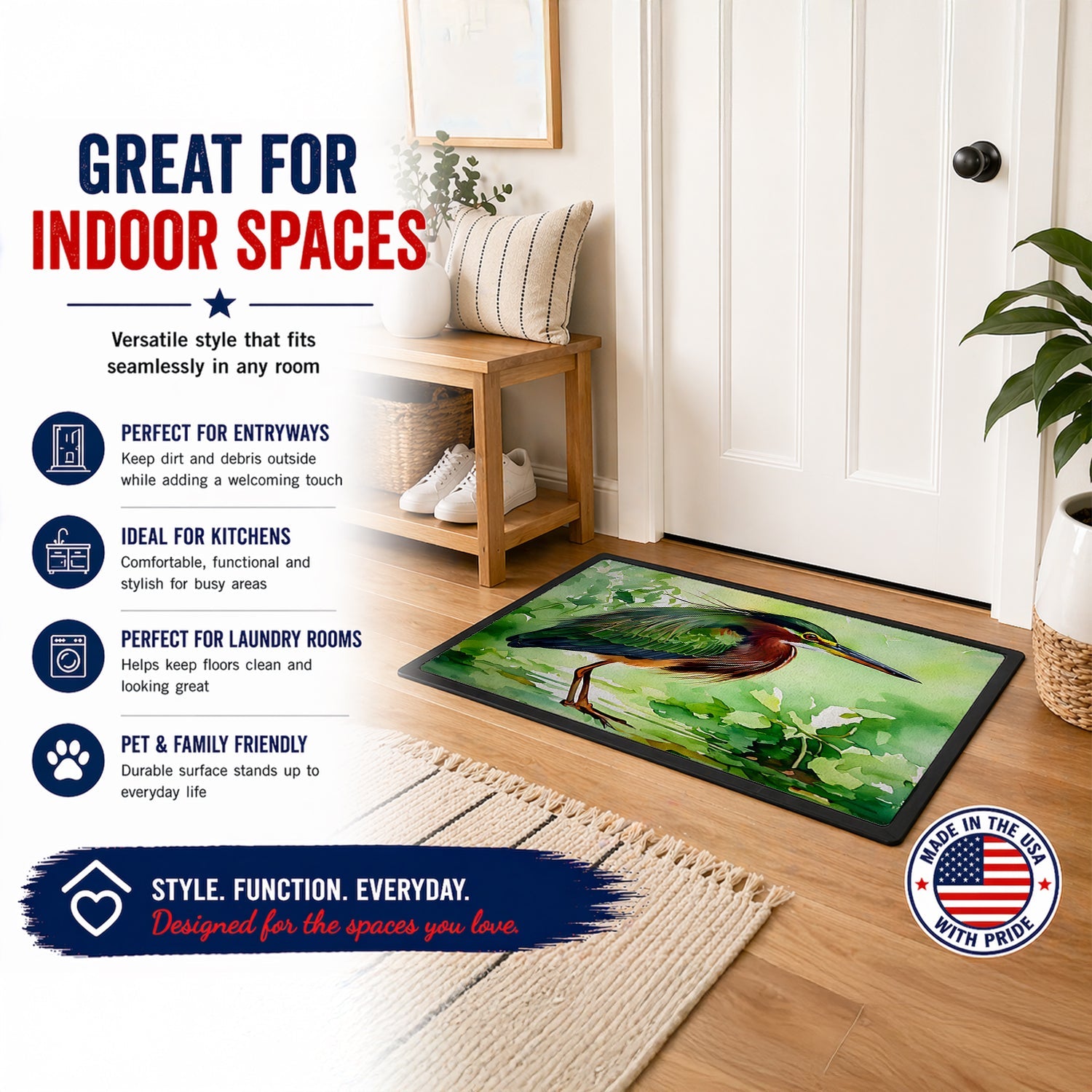 Green Heron Standing Marsh Doormat Indoor Outdoor 24H X 36W Front Door Mat Rugs for Entryway, Non Slip Washable Low Pile,