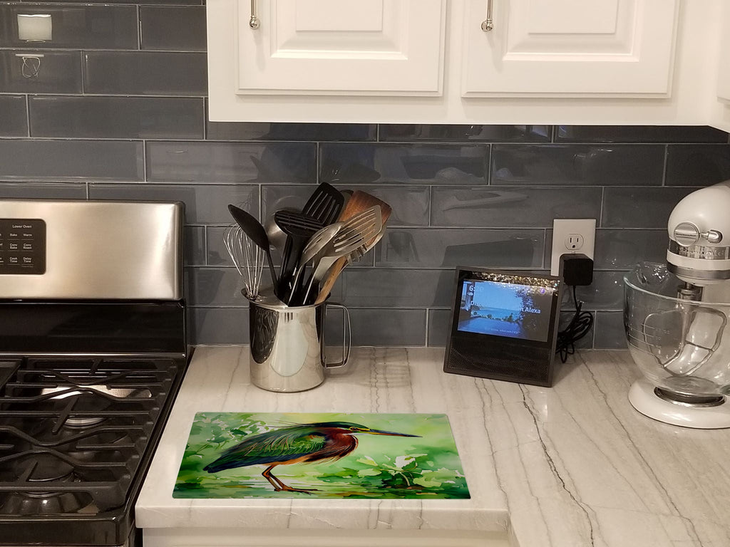 Green Heron Standing Marsh Cutting Board Tempered Glass Kitchen Cutting Surface, Heat Resistant Chopping, Non-Slip Feet, Food Prep & Serving