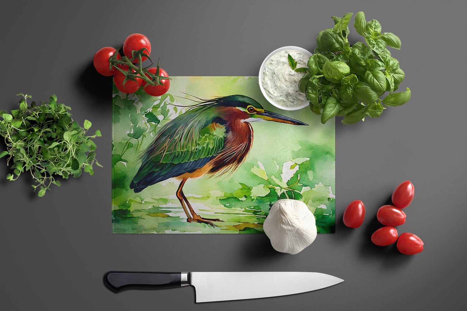 Green Heron Standing Marsh Cutting Board Tempered Glass Kitchen Cutting Surface, Heat Resistant Chopping, Non-Slip Feet, Food Prep & Serving