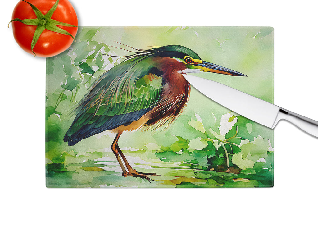 Green Heron Standing Marsh Cutting Board Tempered Glass Kitchen Cutting Surface, Heat Resistant Chopping, Non-Slip Feet, Food Prep & Serving
