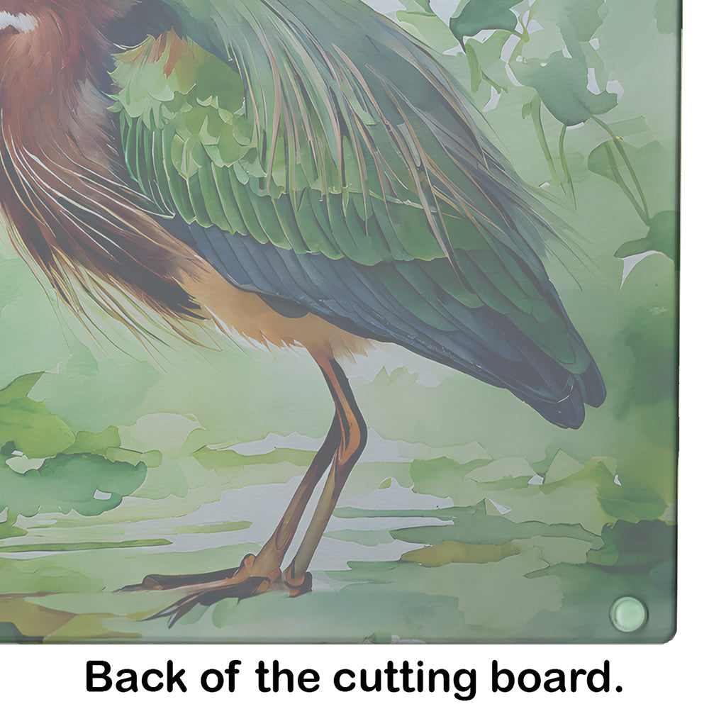 Green Heron Standing Marsh Cutting Board Tempered Glass Kitchen Cutting Surface, Heat Resistant Chopping, Non-Slip Feet, Food Prep & Serving