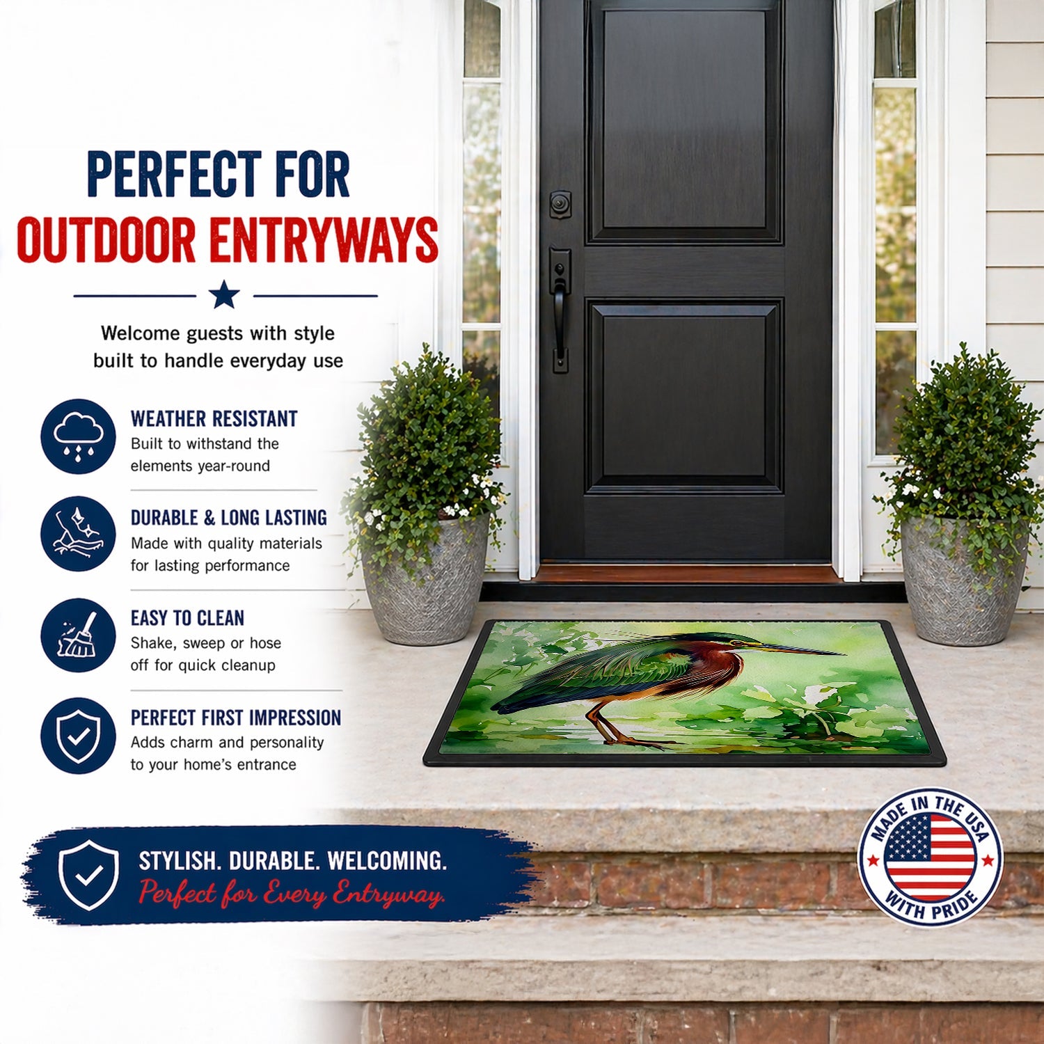 Green Heron Standing Marsh Doormat Indoor Outdoor 18H X 27W Front Door Mat Rugs for Entryway, Non Slip Washable