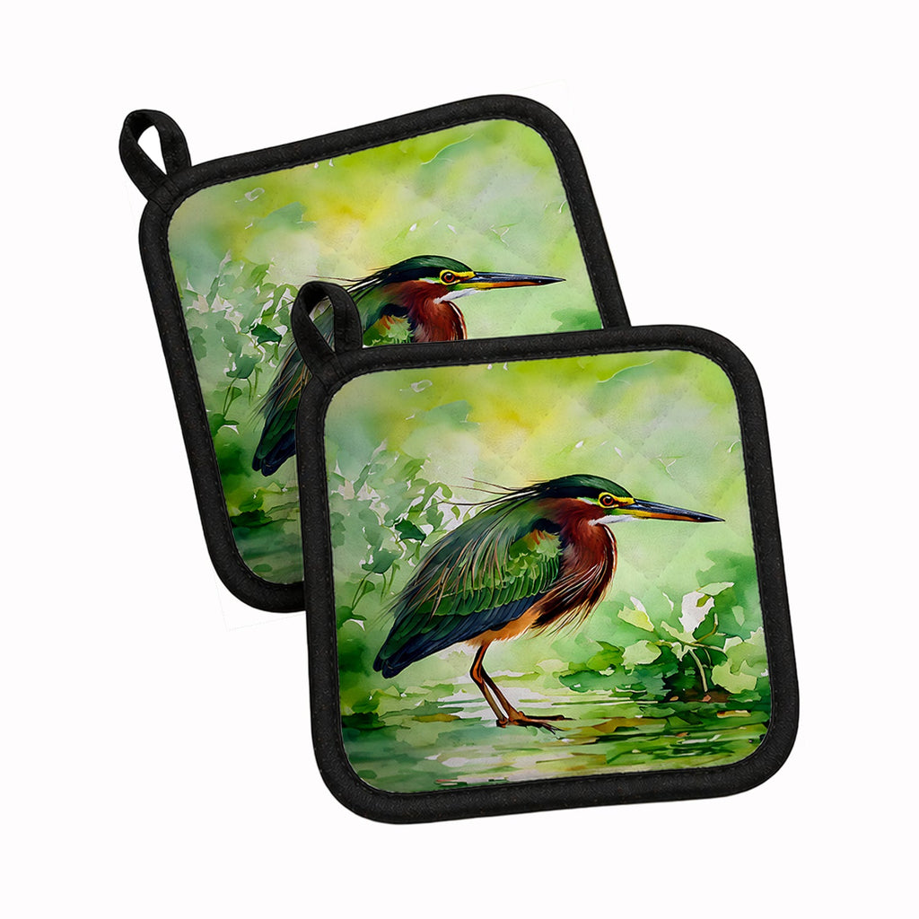 Green Heron Standing Marsh Pot Holder Set of 2 Heat Resistant Quilted Hot Pads 7.5 x 7.5 Inch, Insulated Kitchen Trivets for Cooking & Baking