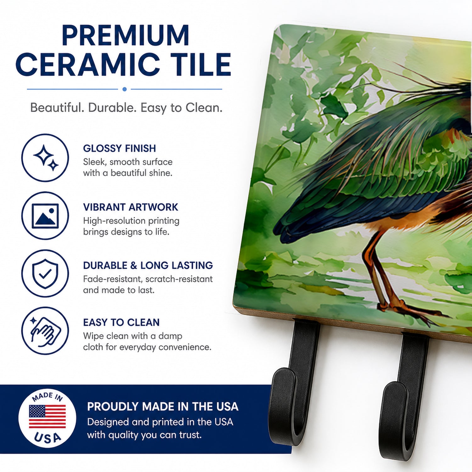 Green Heron Standing Marsh Leash or Key Holder Wall Hooks, Coat Rack Wall Mount, for Hanging Keys, Towels, Aprons, Leashes