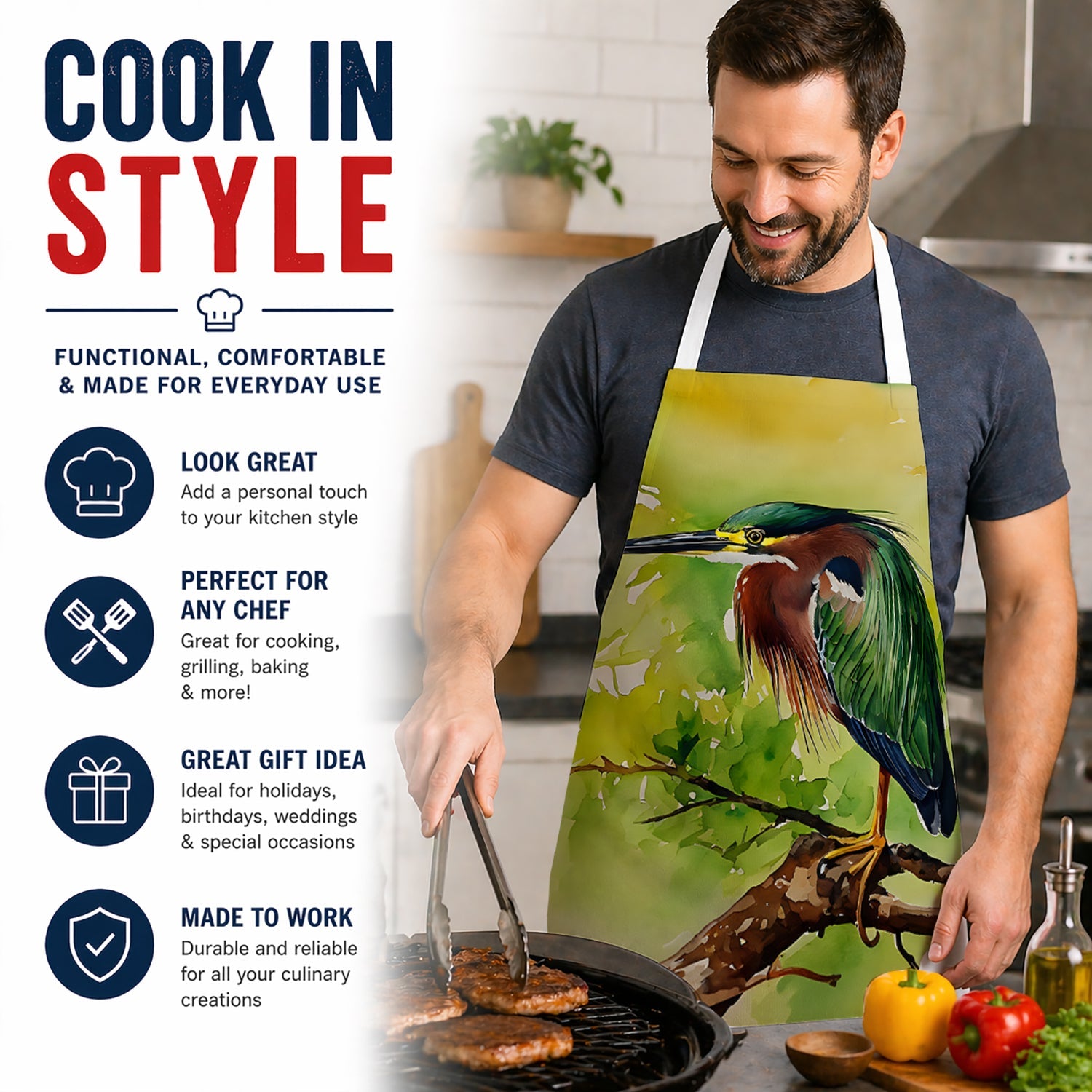Green Heron Perched Branch Apron Cooking Kitchen Server Baking Crafts Gardening for Adult Women Men, Unisex, Large, Multicolor