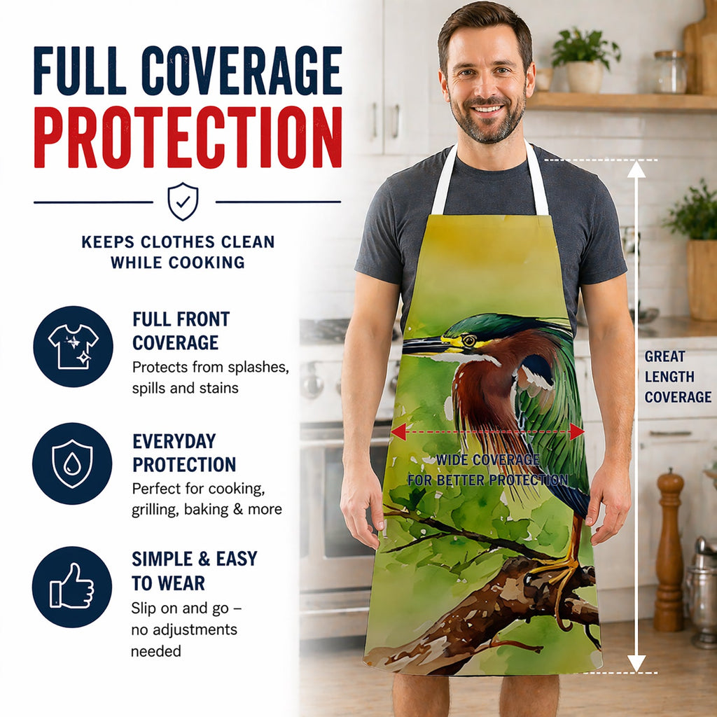 Green Heron Perched Branch Apron Cooking Kitchen Server Baking Crafts Gardening for Adult Women Men, Unisex, Large, Multicolor
