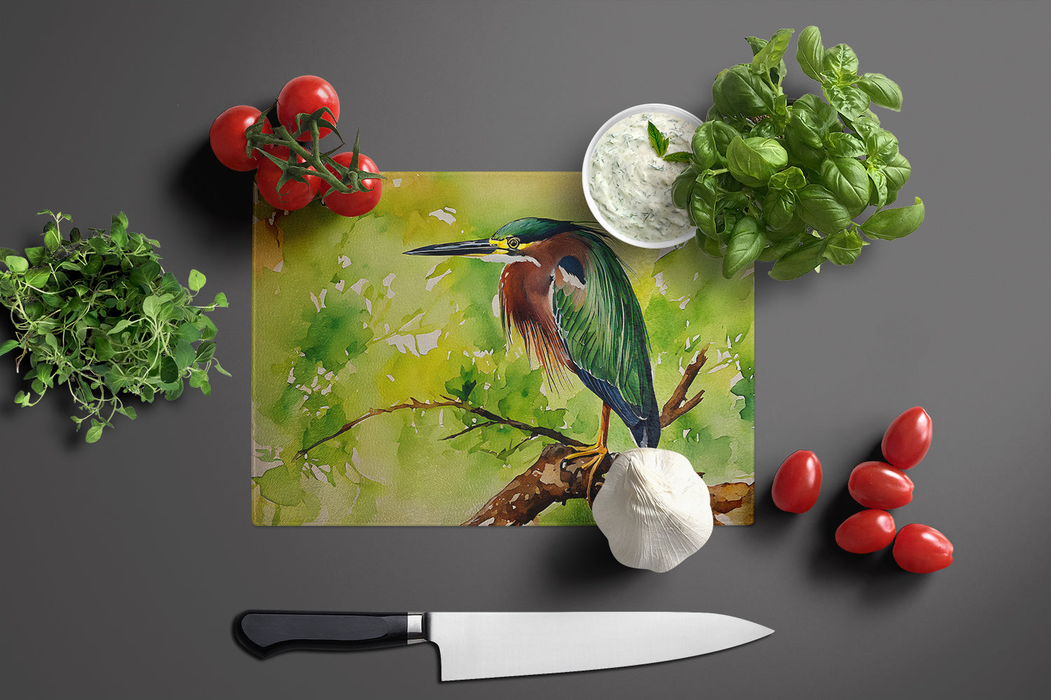 Green Heron Perched Branch Cutting Board Tempered Glass Kitchen Cutting Surface, Heat Resistant Chopping, Non-Slip Feet, Food Prep & Serving