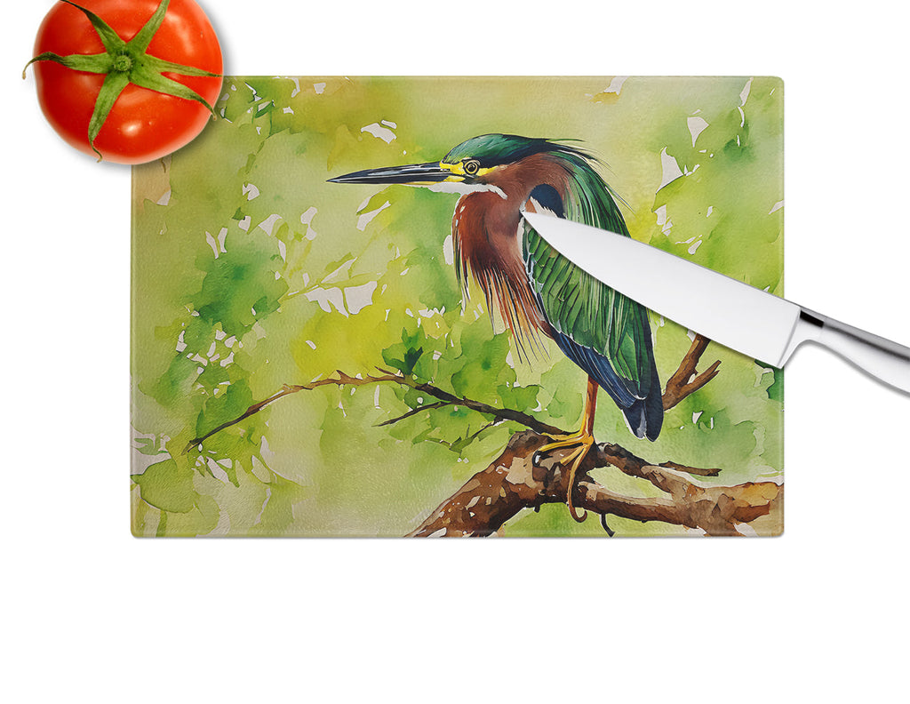 Green Heron Perched Branch Cutting Board Tempered Glass Kitchen Cutting Surface, Heat Resistant Chopping, Non-Slip Feet, Food Prep & Serving