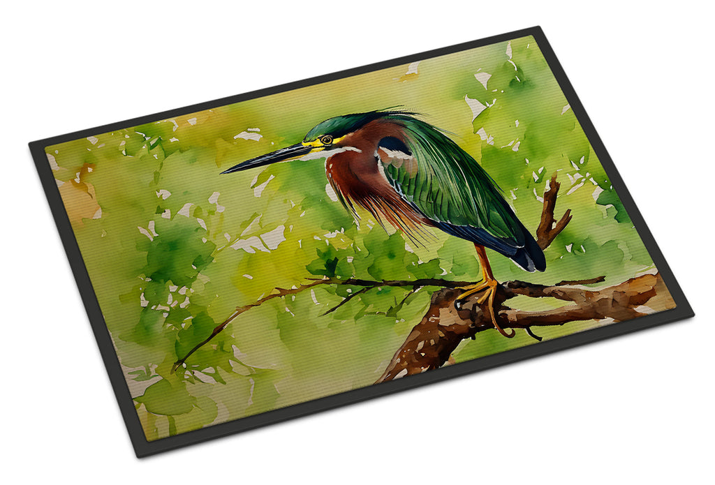 Green Heron Perched Branch Doormat Indoor Outdoor 18H X 27W Front Door Mat Rugs for Entryway, Non Slip Washable