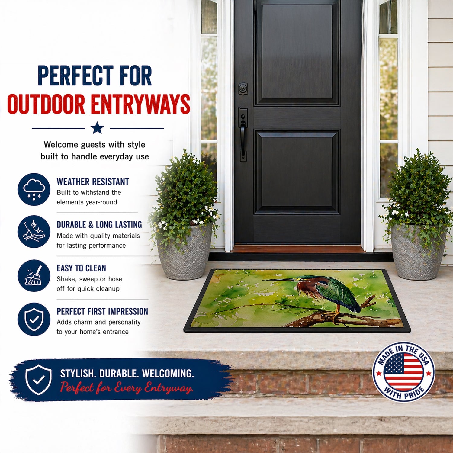 Green Heron Perched Branch Doormat Indoor Outdoor 18H X 27W Front Door Mat Rugs for Entryway, Non Slip Washable