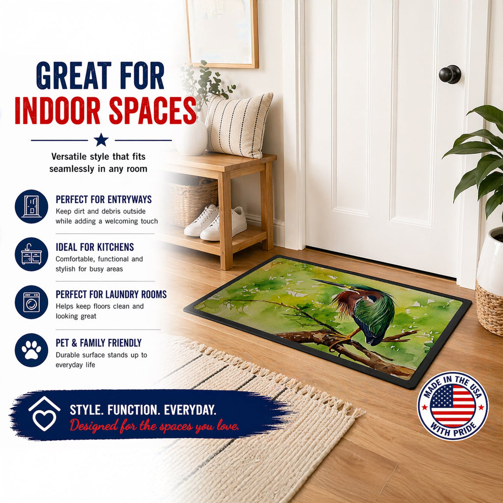 Green Heron Perched Branch Doormat Indoor Outdoor 18H X 27W Front Door Mat Rugs for Entryway, Non Slip Washable