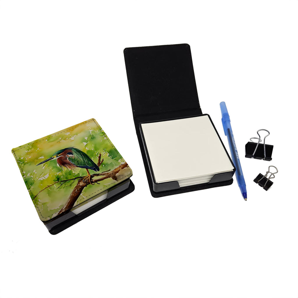 Green Heron Perched Branch PU Leather Note Paper Holder with Artist-Designed Cover, Desk Accessory, Office Gift