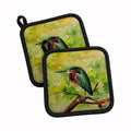 Green Heron Perched Branch Pot Holder Set of 2 Heat Resistant Quilted Hot Pads 7.5 x 7.5 Inch, Insulated Kitchen Trivets for Cooking & Baking
