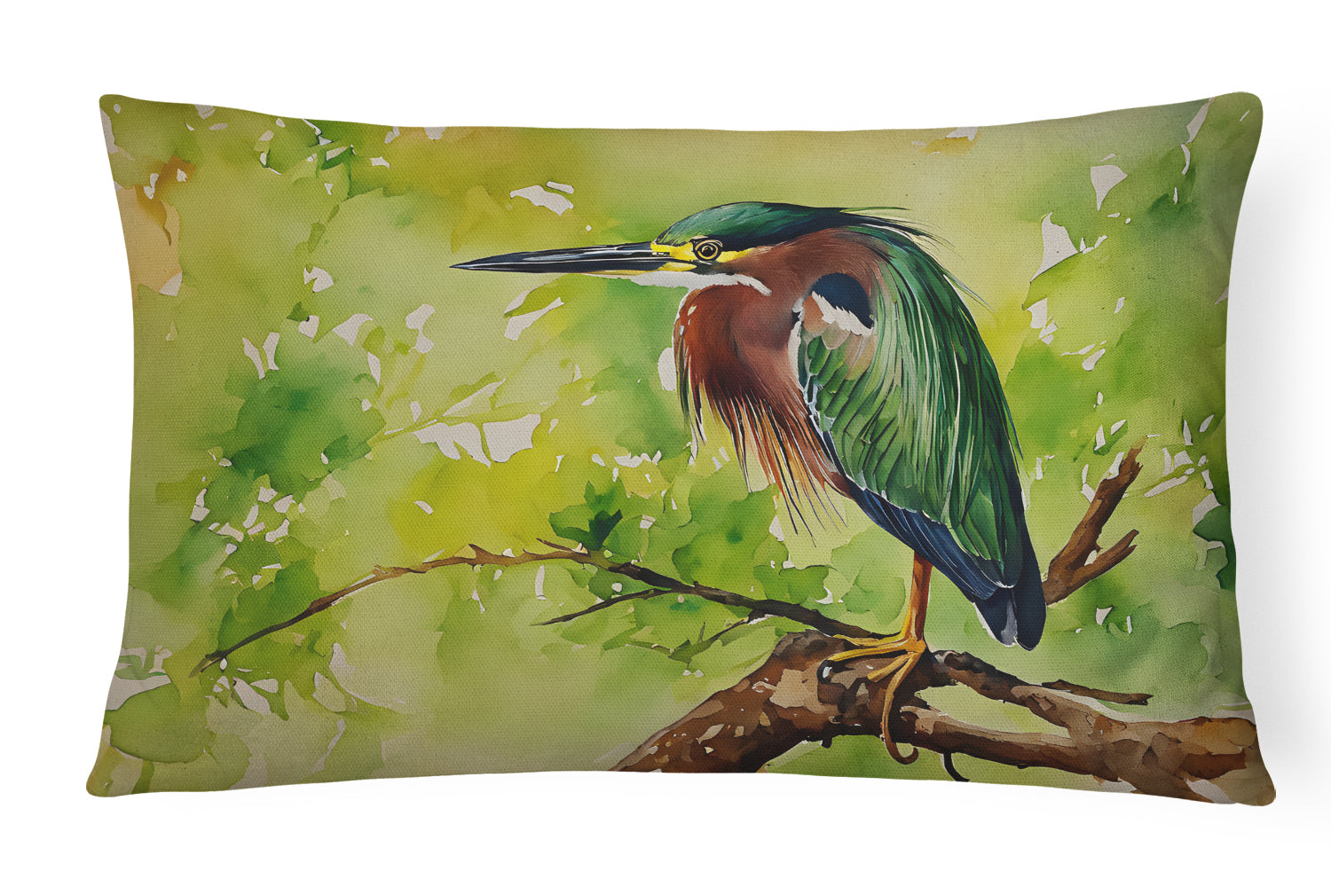 Green Heron Perched Branch Decorative Throw Pillow 12x16 Indoor Outdoor Accent Cushion, Fabric Cover with Insert for Sofa, Bed, Porch & Living Room