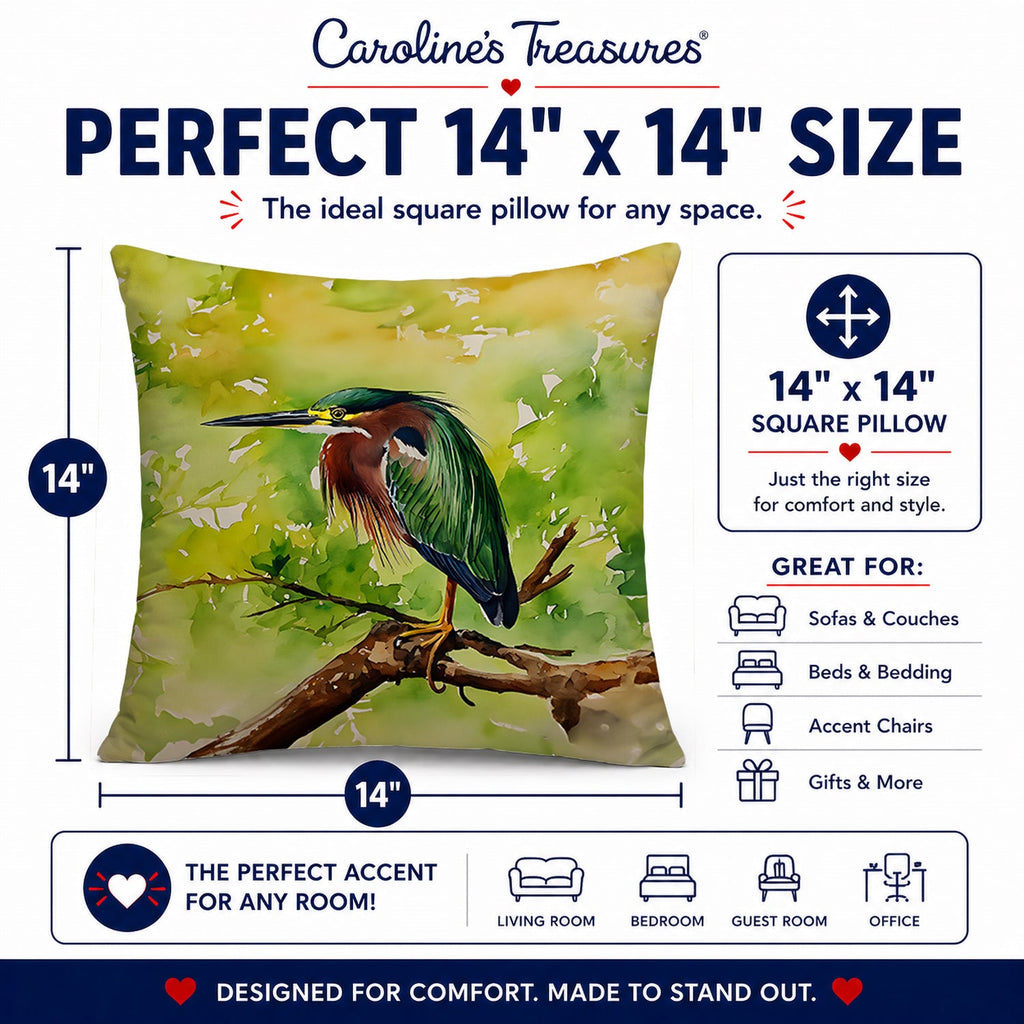 Green Heron Perched Branch Decorative Throw Pillow 14x14 Indoor Outdoor Accent Cushion, Fabric Cover with Insert for Sofa, Bed, Porch & Living Room