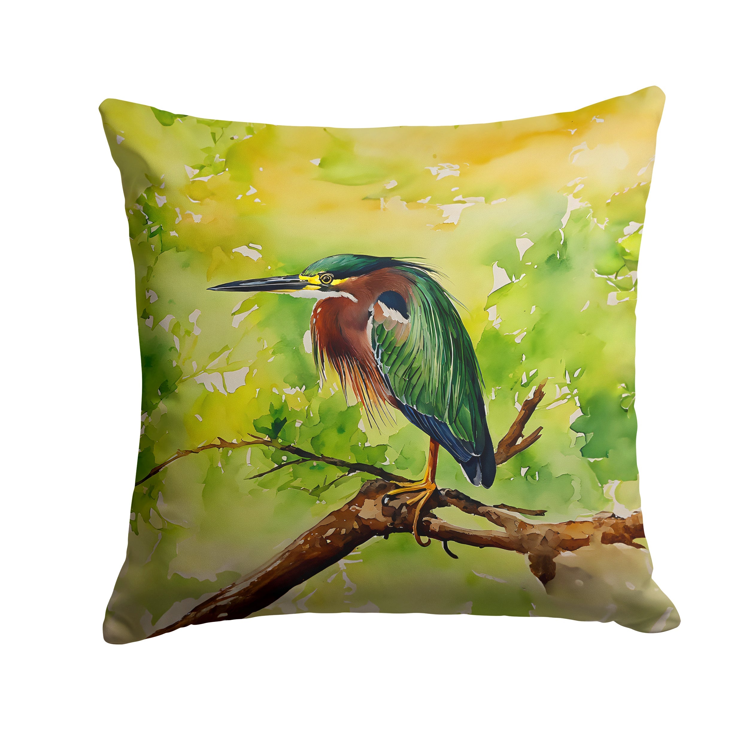 Green Heron Perched Branch Decorative Throw Pillow 14x14 Indoor Outdoor Accent Cushion, Fabric Cover with Insert for Sofa, Bed, Porch & Living Room