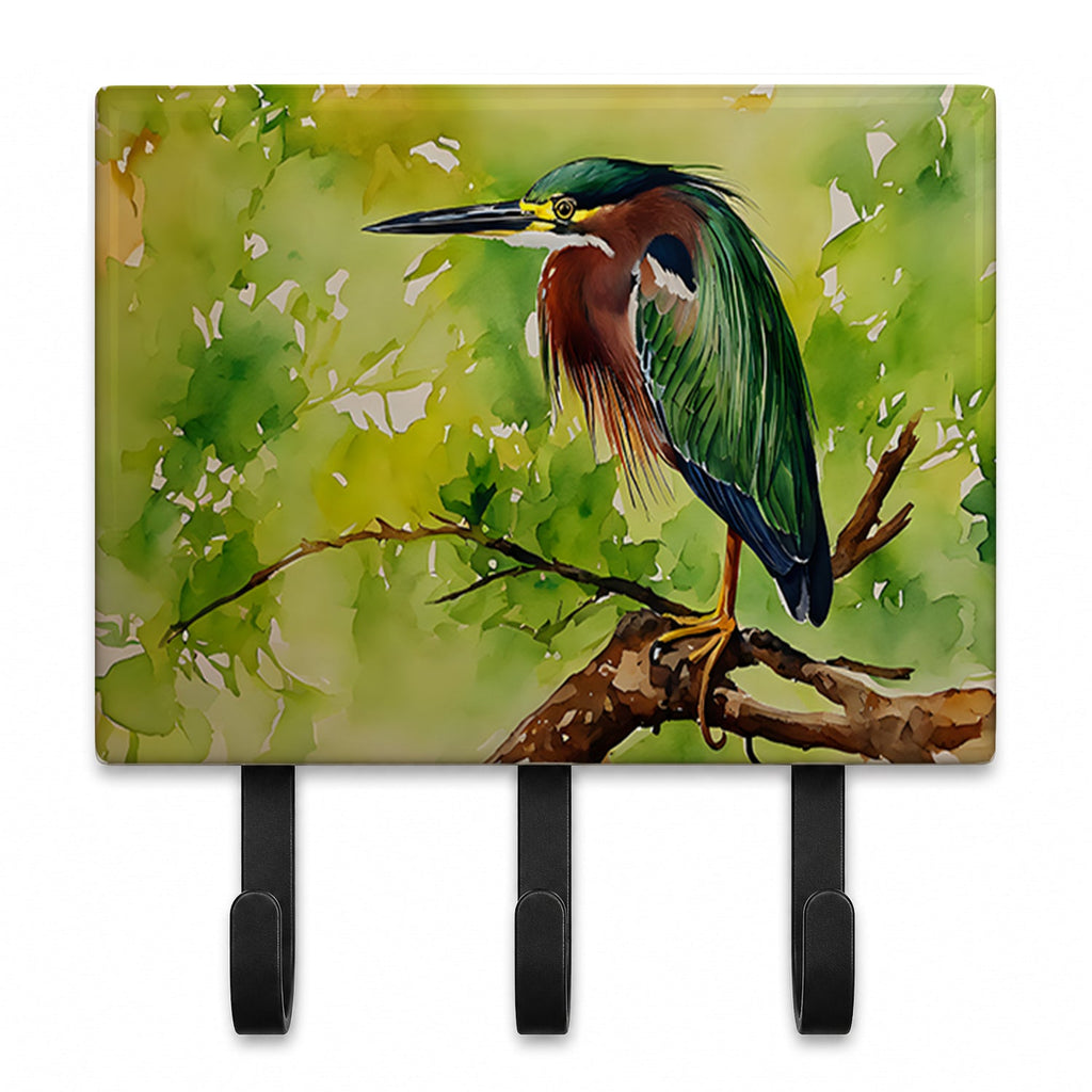 Green Heron Perched Branch Leash or Key Holder Wall Hooks, Coat Rack Wall Mount, for Hanging Keys, Towels, Aprons, Leashes