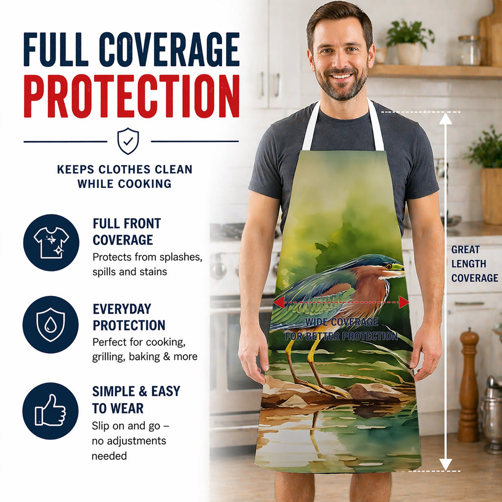 Green Heron Standing Shoreline Apron Cooking Kitchen Server Baking Crafts Gardening for Adult Women Men, Unisex, Large, Multicolor