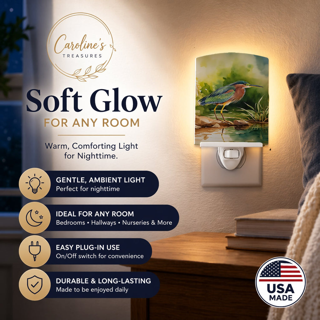 Green Heron Standing Shoreline Ceramic Night Light Compact, UL-Certified, Ideal for Bedroom, Bathroom, Nursery, Hallway, Kitchen, 6x4x3, Multicolor