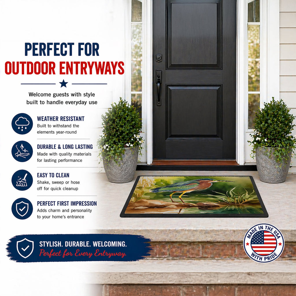 Green Heron Standing Shoreline Doormat Indoor Outdoor 24H X 36W Front Door Mat Rugs for Entryway, Non Slip Washable Low Pile,