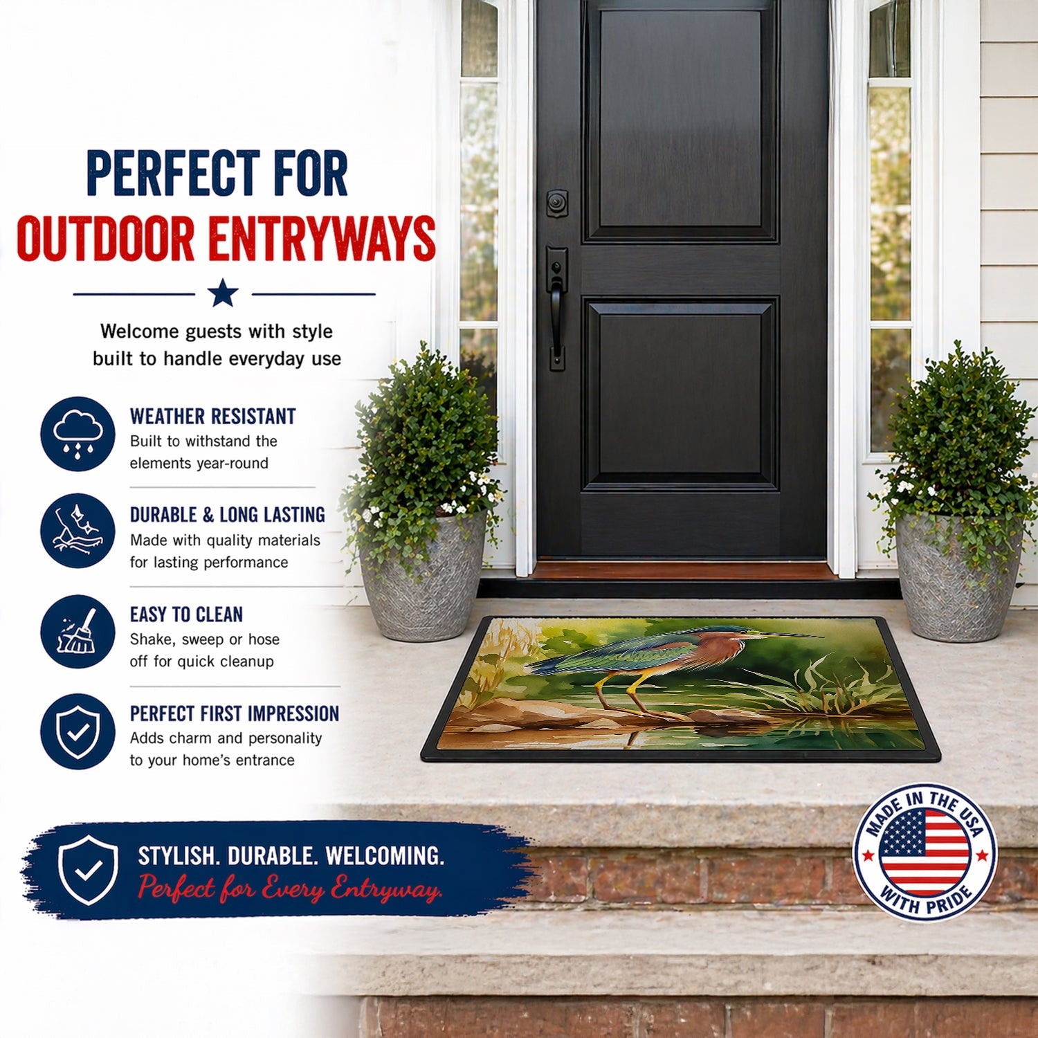 Green Heron Standing Shoreline Doormat Indoor Outdoor 24H X 36W Front Door Mat Rugs for Entryway, Non Slip Washable Low Pile,