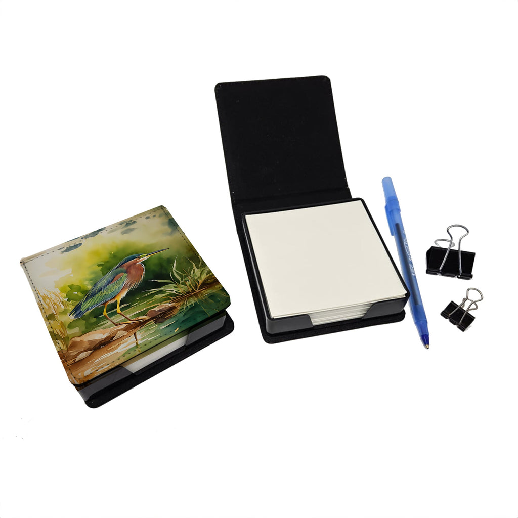 Green Heron Standing Shoreline PU Leather Note Paper Holder with Artist-Designed Cover, Desk Accessory, Office Gift