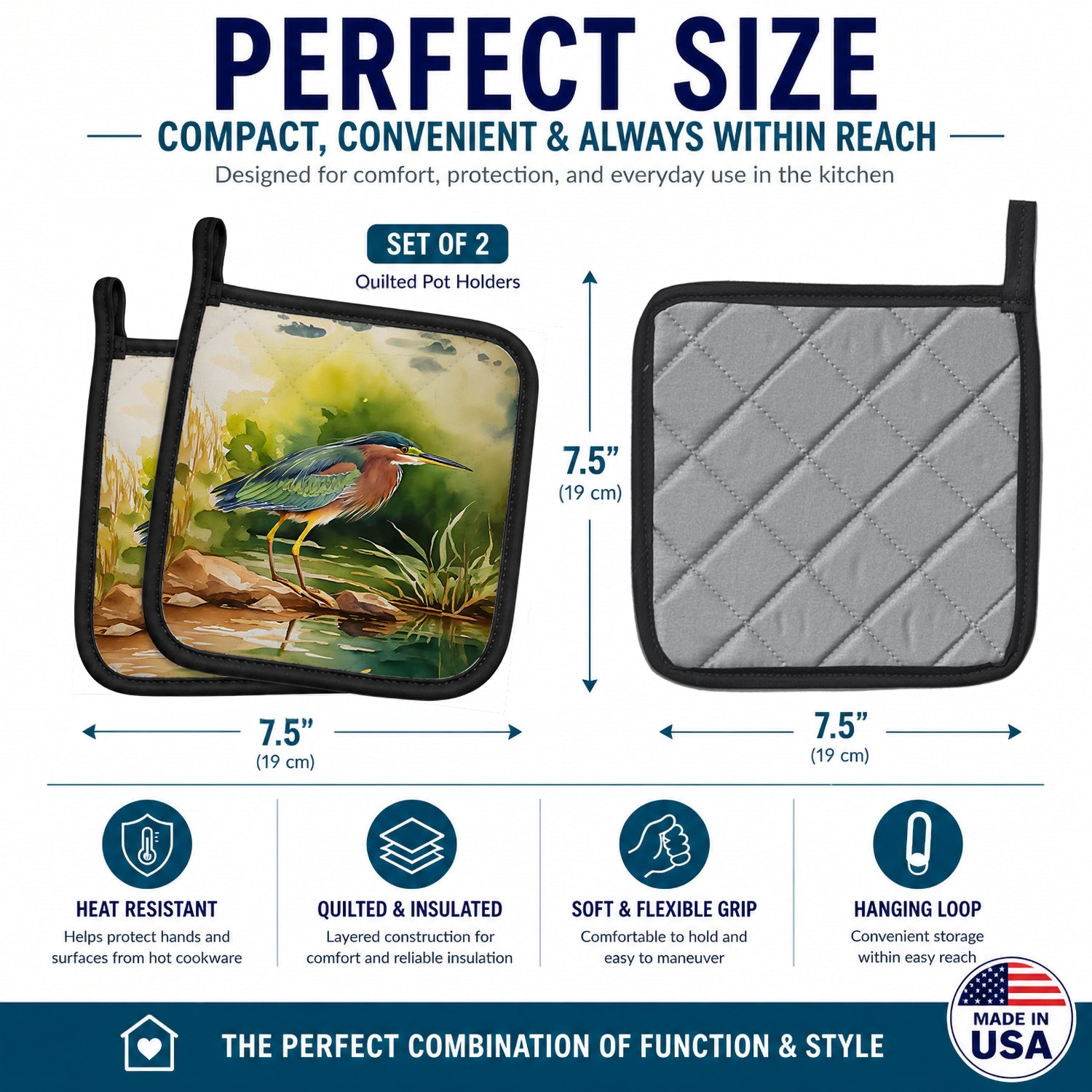 Green Heron Standing Shoreline Pot Holder Set of 2 Heat Resistant Quilted Hot Pads 7.5 x 7.5 Inch, Insulated Kitchen Trivets for Cooking & Baking